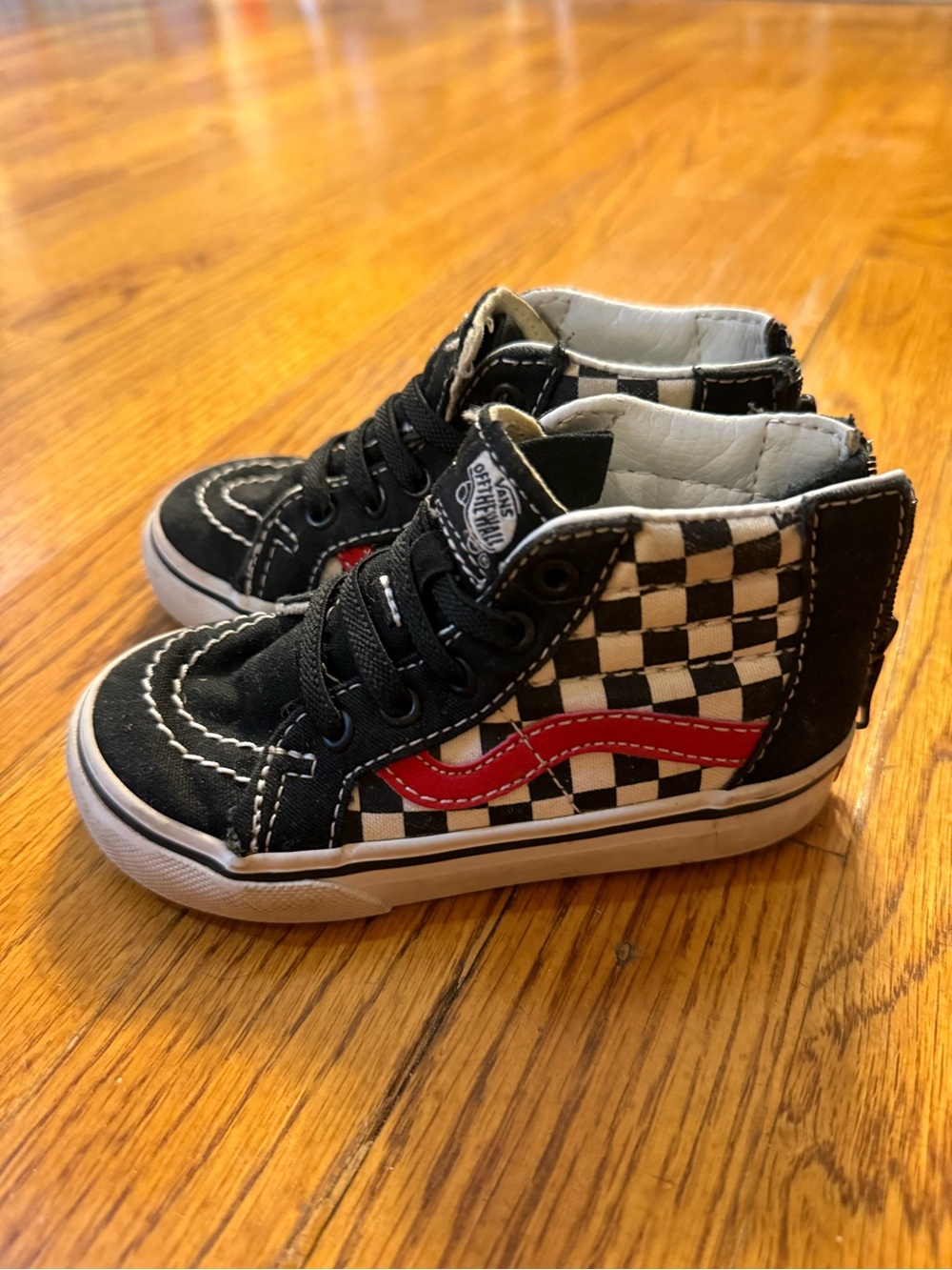 Vans Kids Black & White Checkerboard High-Top Sneakers with Red Side Stripe